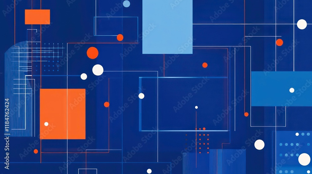 Aufkleber abstract geometric design with interconnected shapes and lines in blue, orange, and white.