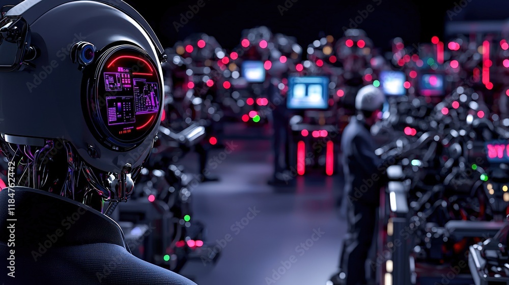 Poster a futuristic scene featuring robots with illuminated interfaces, working in a high-tech environment 