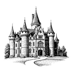 Detailed Castle with Multiple Towers in Black and White Outline Line Art Drawing Isolated on White