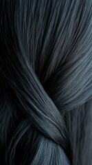 Naklejka premium A close-up of sleek black braided hair with intricate texture and a smooth, glossy finish in soft lighting