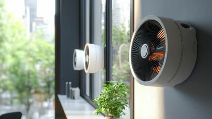 Wall-mounted heating fans near window, city view.