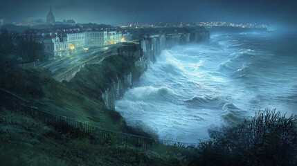 Coastal city at night, stormy sea crashing against dramatic cliffs.