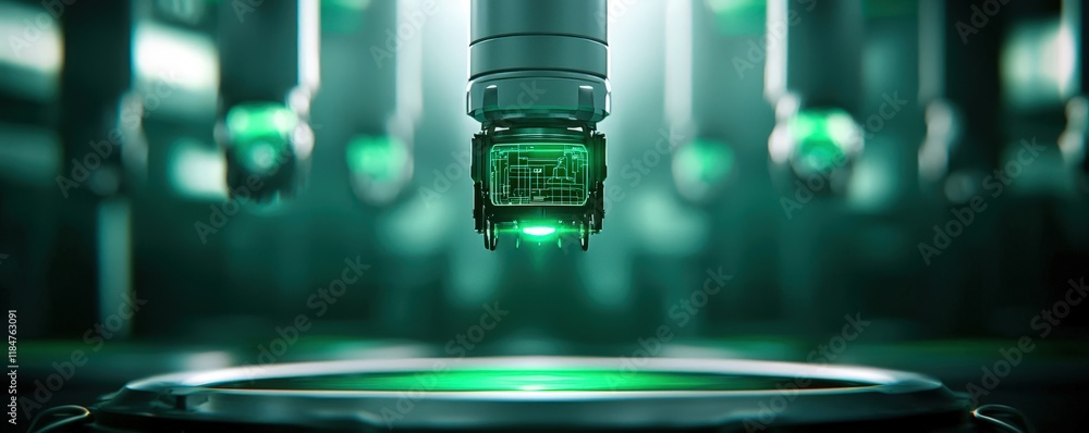 Poster a futuristic machine component hovers in a glowing green environment, suggesting advanced technology