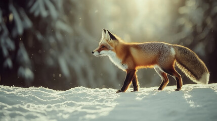 Red fox in winter wonderland, sunlit snow, forest backdrop.