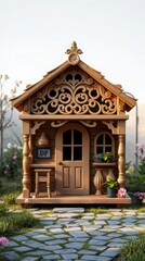 An adorable intricately crafted vintage wooden dog house.