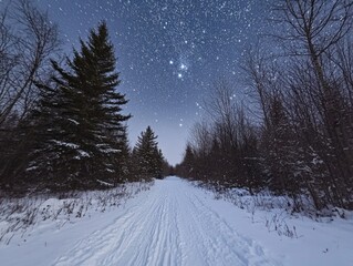 Snowy Winter Trail Underneath a Starry Night Sky