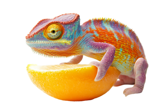 A vibrant chameleon perched on a slice of orange, showcasing its colorful scales. Isolated on transparent white background, png	

