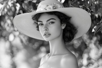 Woman, wide-brimmed hat, floral adornment, black and white portrait.