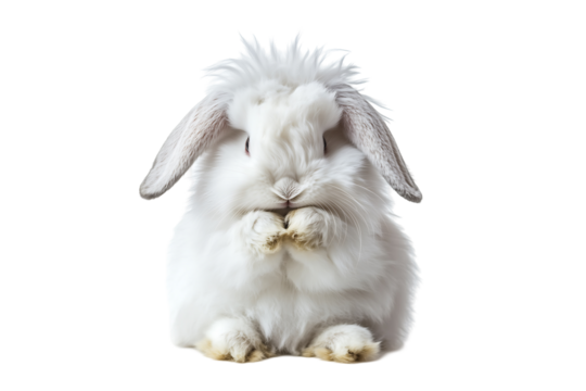 Fluffy white rabbit sitting calmly with a cute expression and distinctive fur. Isolated on transparent white background, png	