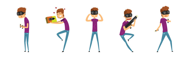 Young Man in Virtual Reality Glasses Vector Set