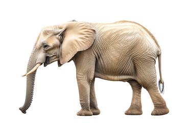 Majestic gray elephant walking gracefully in profile, showcasing its impressive trunk and textured skin. Isolated on transparent white background, png