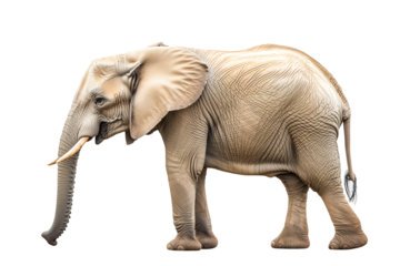 Majestic gray elephant walking gracefully in profile, showcasing its impressive trunk and textured skin. Isolated on transparent white background, png