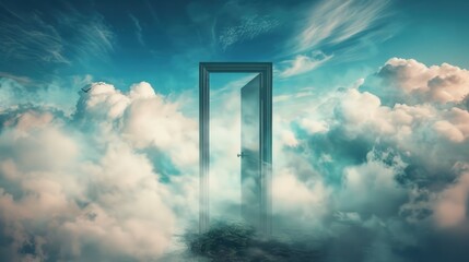 Open door in cloudscape, symbolizing opportunity, hope, and new beginnings.