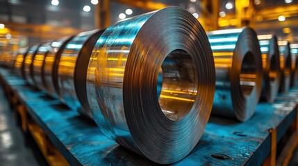 Obraz premium Industrial Steel Coils in a Brightly Lit Manufacturing Facility Showcasing Production Processes