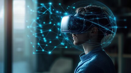 Virtual reality globe with network lines, futuristic tech 