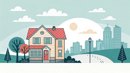 vintage retro cute house illustration with city scape background