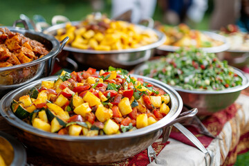 Ethiopian vegetable dishes in shiny bowls on a festive table outdoors
