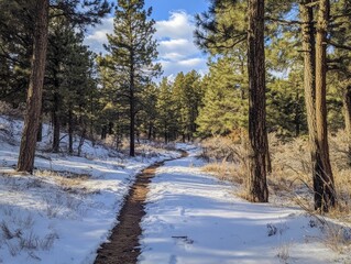 Snowy Trail Winding Through a Pine Forest