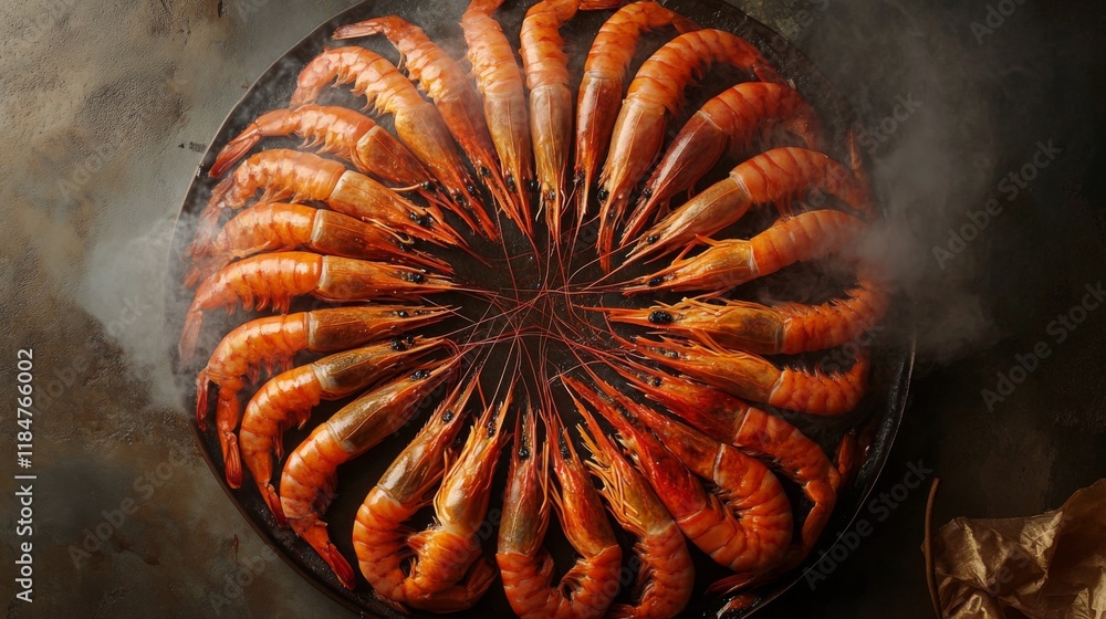 Poster a top-down view of large grilled prawns arranged in a circle on a platter, with steam rising and a g