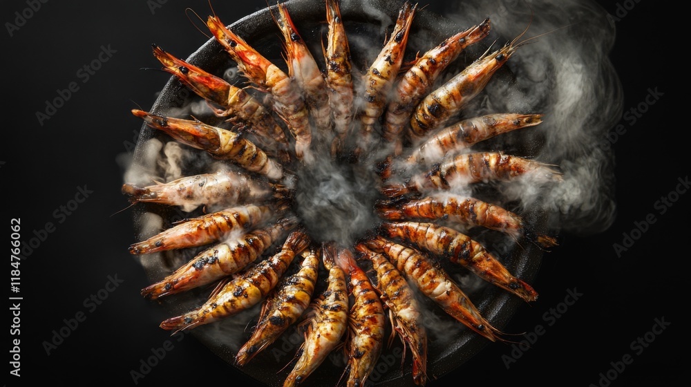 Poster a top-down view of large grilled prawns arranged in a circle on a platter, with steam rising and a g
