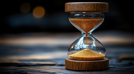 Hourglass with golden sand on wooden surface.
