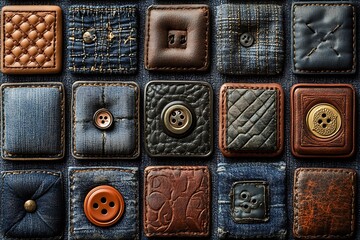 Vintage Denim and Leather Patches and Buttons on Gray Background