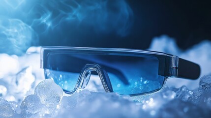 Protective eyewear rests on ice, blue smoke swirls.