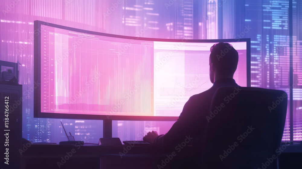 Poster Man working late at night on multiple computer screens in a futuristic city setting.