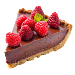 delicious slice of chocolate pie with raspberries on transparent background