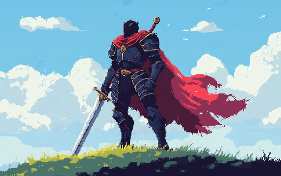 Fototapeta A classic pixel art hero with a cape and sword, ready for use in retro game assets.