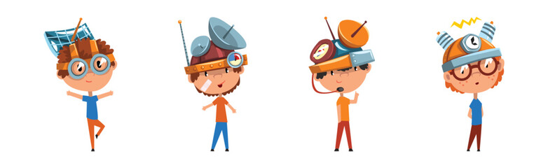 Funny Boy Character in Steampunk Headgear Vector Set