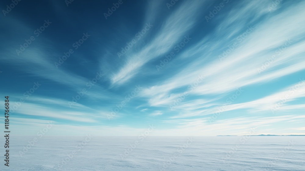 Poster fluffy clouds drift across a bright blue sky while delicate snowflakes fall on a quiet, snow-covered