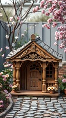 An adorable intricately crafted vintage wooden dog house.