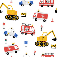 Seamless vector pattern with cute cars - police, ambulance,  fire truck, excavator. Drawing for childrens textiles with cartoon emergency vehicles. Kids background with rescue team. Scandinavian style