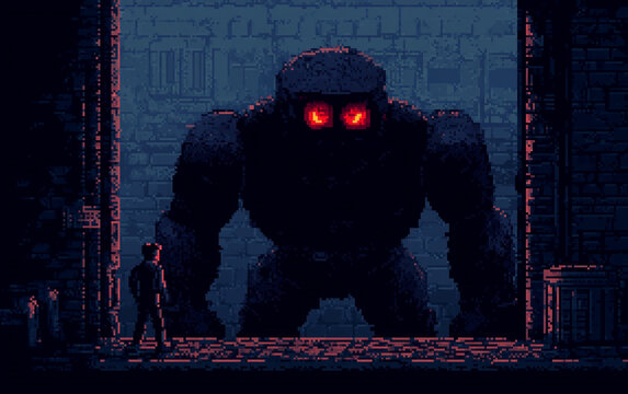 A pixel art boss character with glowing red eyes and intimidating animations, showcasing iconic retro game assets.