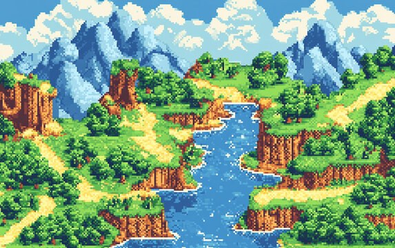A pixel art overworld map with forests, rivers, and mountains, crucial for retro game assets.
