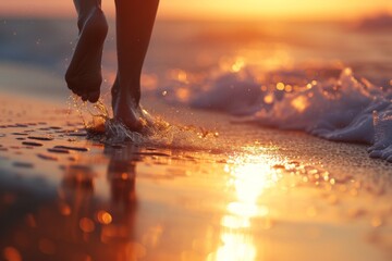 Closeup of a leg running along the beach during sunset, with waves splashing against bare feet, capturing a vibrant moment of joy and freedom at the ocean's edge