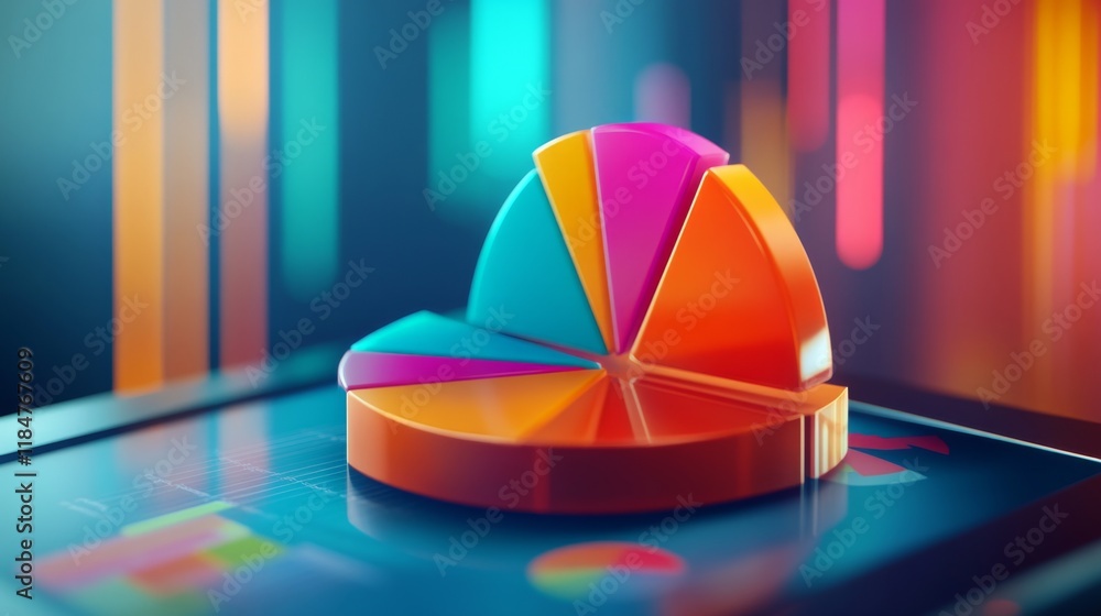 Poster a vibrant d pie chart popping out of a tablet screen, showcasing interactive data analysis with colo