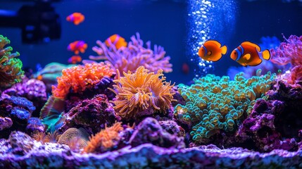 Obraz premium A lively coral reef showcases an array of colorful marine life, with clownfish darting among vibrant coral structures. The underwater world glows, inviting exploration and wonder