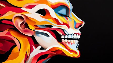 Obraz premium Vibrant, abstract portrait of a woman's face, transformed into a colorful skull design. Bold colors and striking lines create a surreal effect.