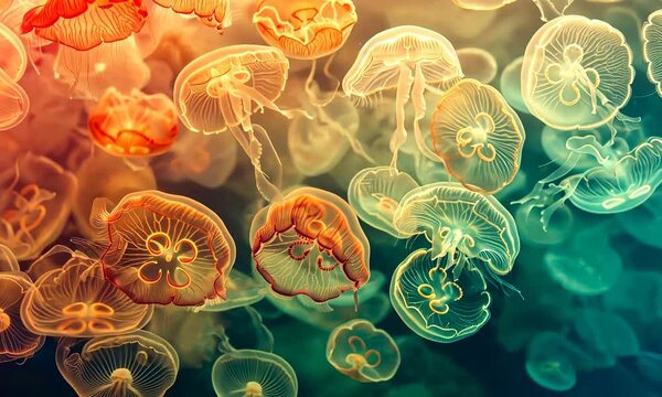 Vibrant swarm of jellyfish underwater with colorful gradient background