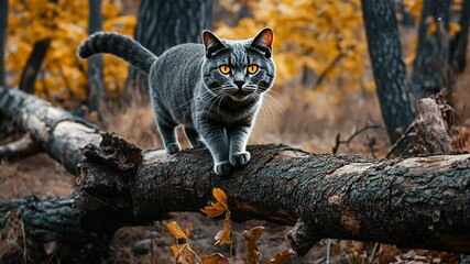 Grey cat walks gracefully on a fallen log in a forest with autumn foliage and a mix of colors - Powered by Adobe