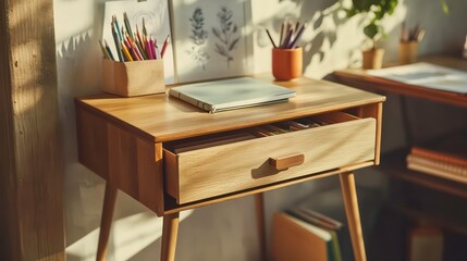 Wooden side table with open drawer, pencils, sketchbook, and sunlight.