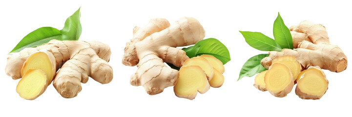 Set of A close-up of a fresh ginger root, isolated on a white background on transparent png background