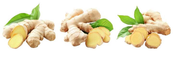 Set of A close-up of a fresh ginger root, isolated on a white background on transparent png background