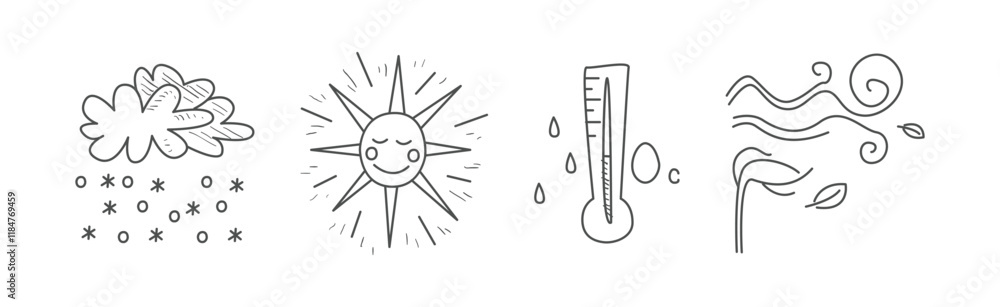 Poster cute weather line object and doodle drawn element vector set