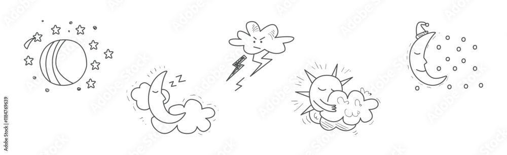 Aufkleber cute weather line object and doodle drawn element vector set