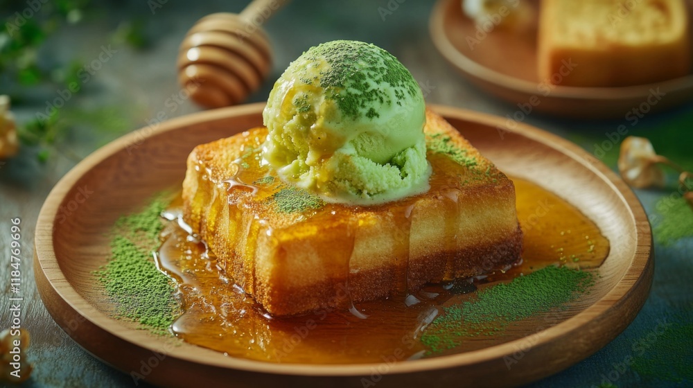 Poster A vibrant display of honey toast topped with a scoop of matcha ice cream, drizzled with honey and sprinkled with green tea powder for a unique twist.