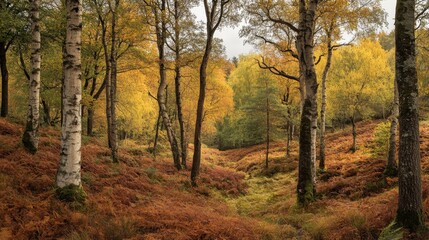 Fototapeta premium A serene landscape in autumn hues. The golden leaves dance among the tall trees. Nature reveals its beauty. Explore the tranquility. Generative AI