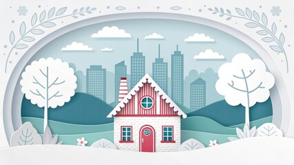 Naklejka premium 3d cute house papercut art illustration with city scape background